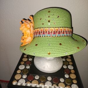 Green Hat with Orange Flower and Beaded Band
